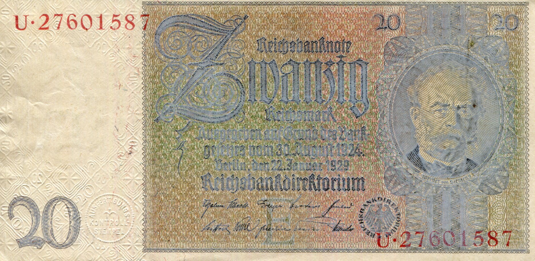 Germany 20 Reichmarks VF (See large scan) pick #: 181a1