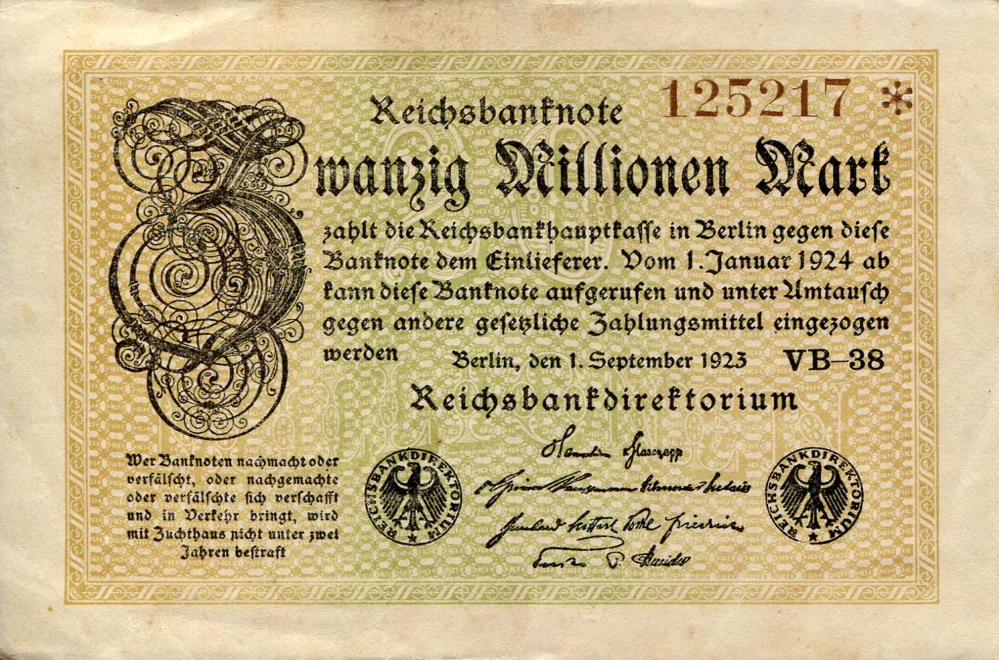 Germany 20,000,000 Mark XF/VF (see large scan) pick #: 108a
