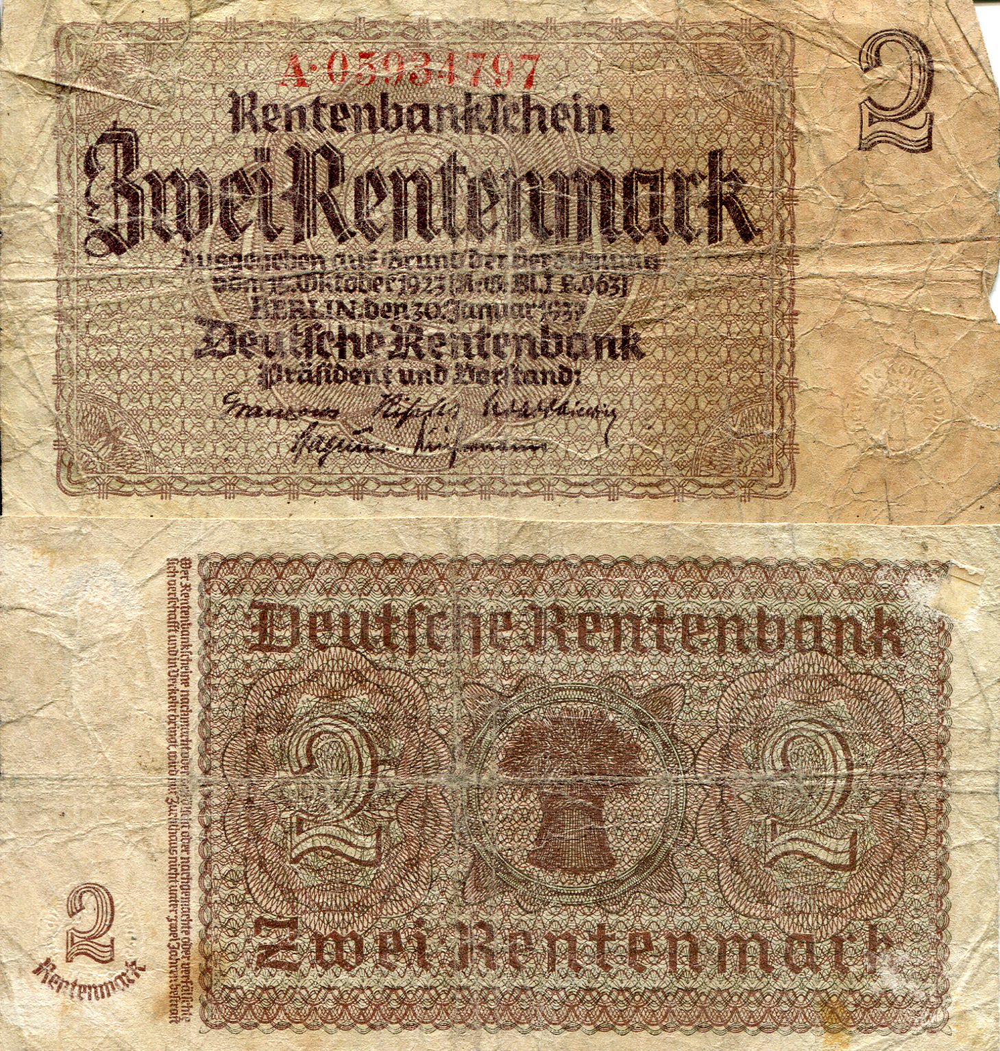 Germany 2 Rentenmark G/Poor (see large scan) pick #: 174b