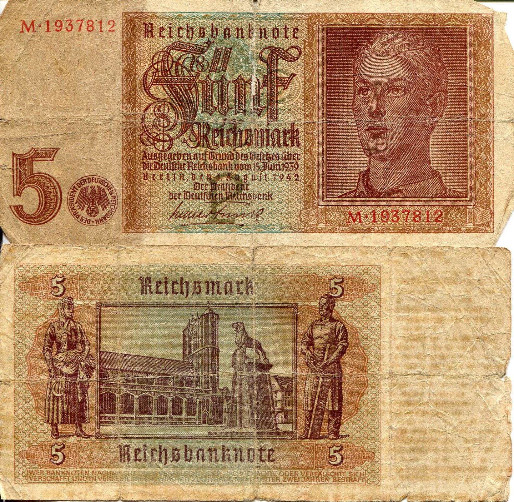 Germany 5 Reichmarks G/Poor (see large scan) pick #: 186a