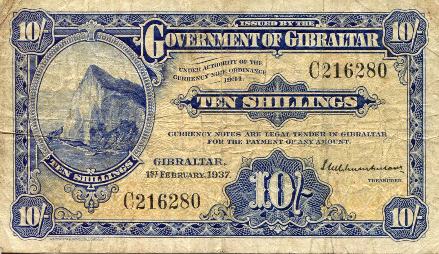 Gibraltar 10 Shillings VG (see large scan) pick #: 14a