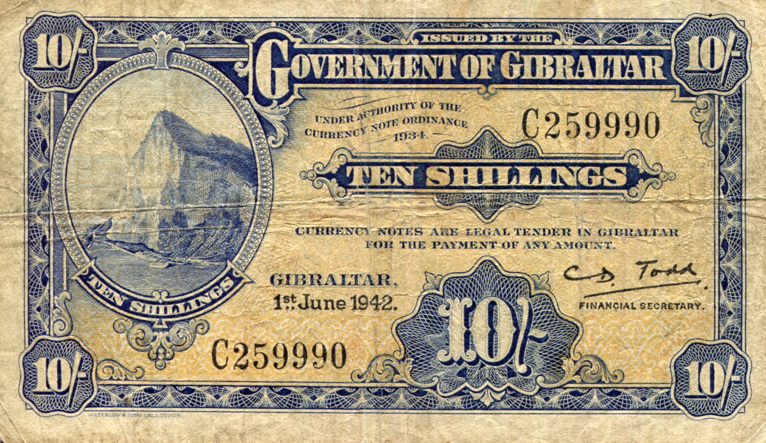 Gibraltar 10 Shillings VG (see large scan) pick #: 14b
