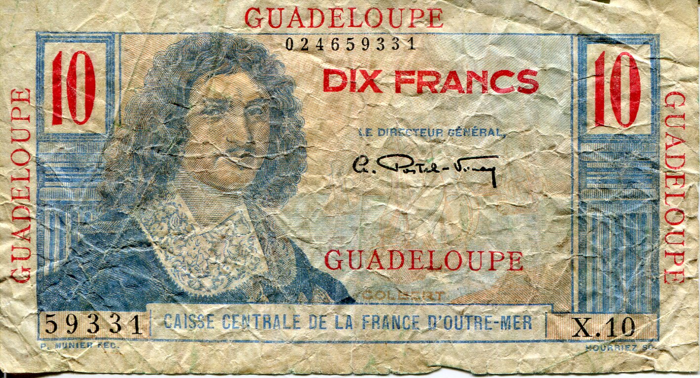 Guadeloupe 10 Francs VG/G (see large scan) pick #: 32