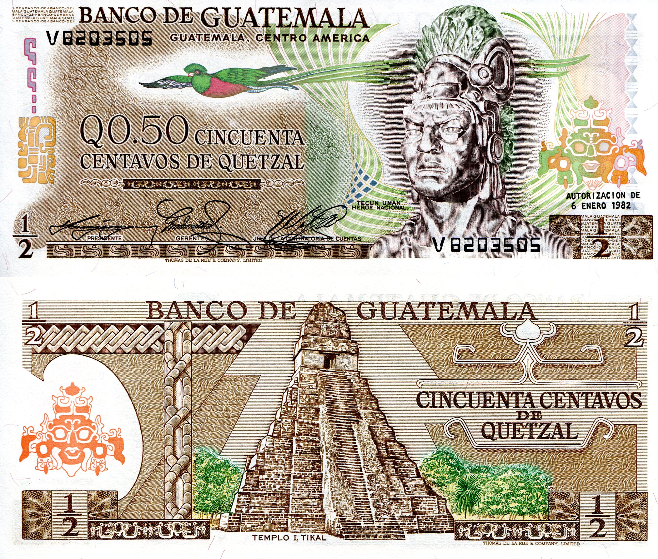 Guatemala  1/2 Quetzal UNC pick #: 58p