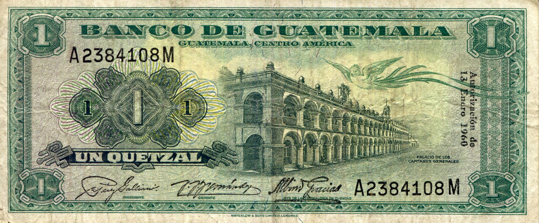 Guatemala  1 Quetzal VG (See large scan) pick #: 43b