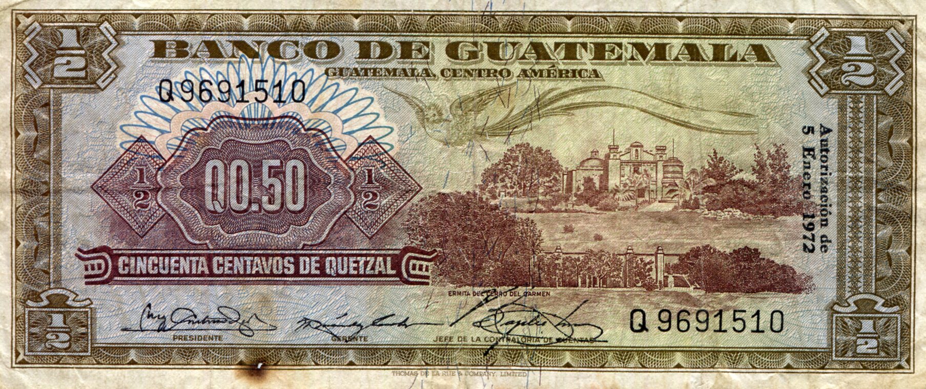 Guatemala  1/2  Quetzal VG/G (See large scan) pick #: 51l