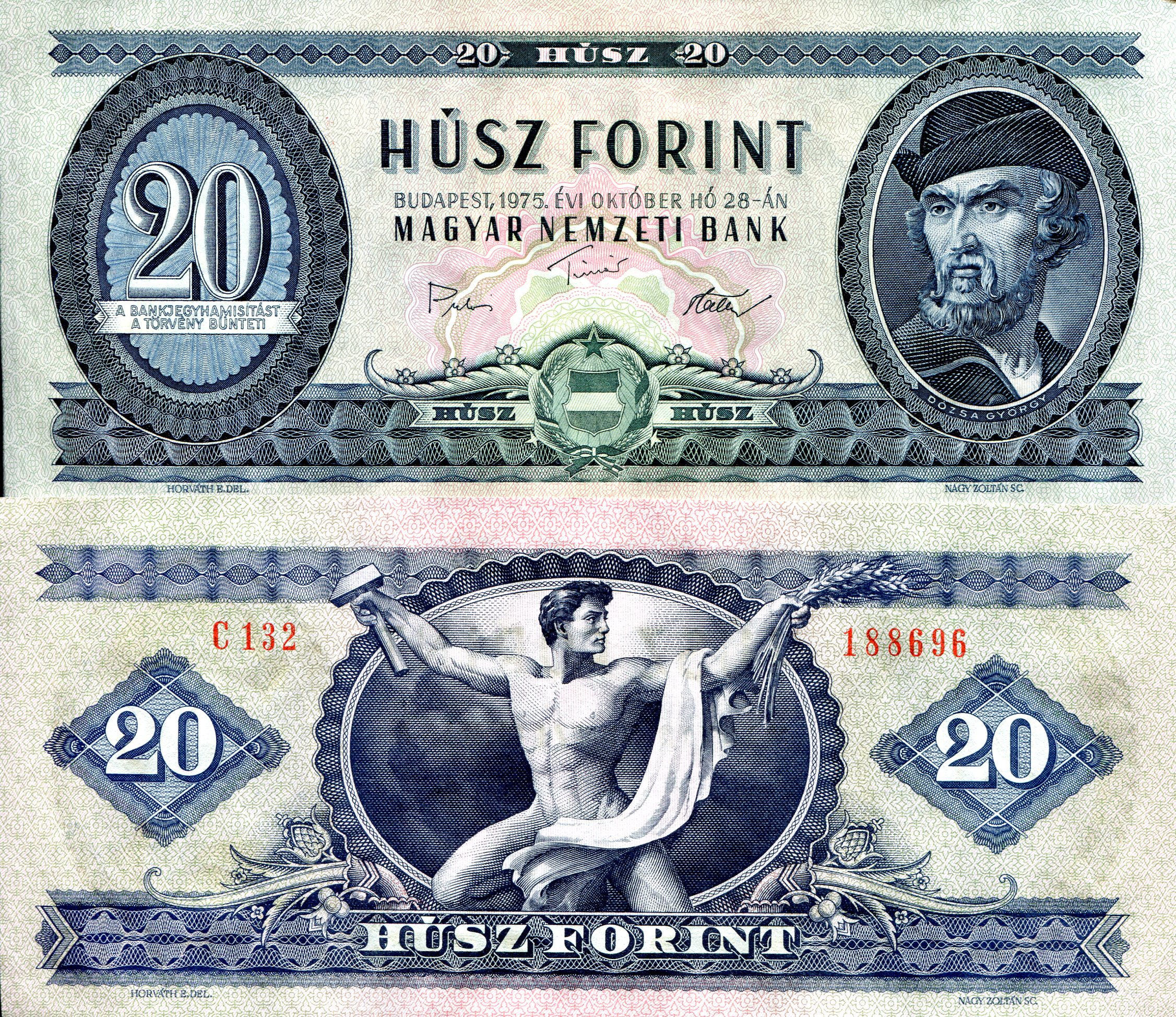 Hungary 20 Forint aUNC (crinkly paper) pick #: 169f