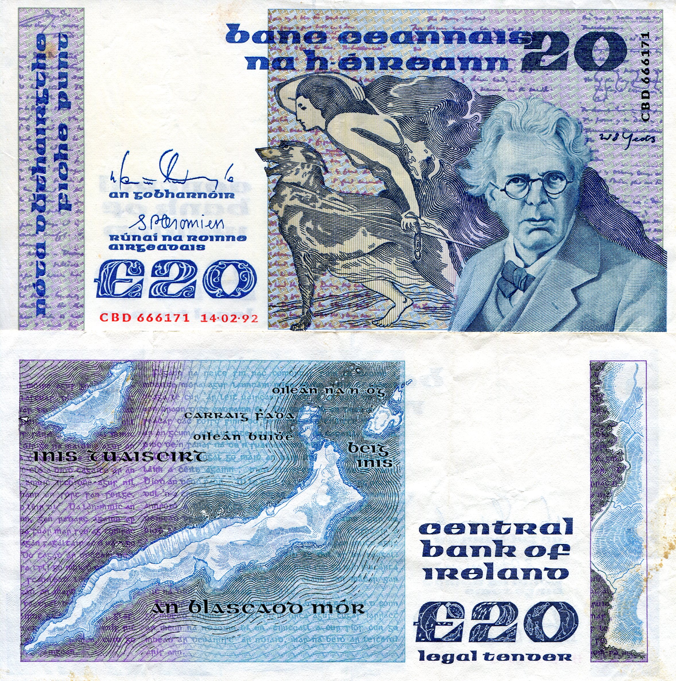 Ireland (Eire) 20 Pound VF (Mark on back - see large scan) pick #: 73c