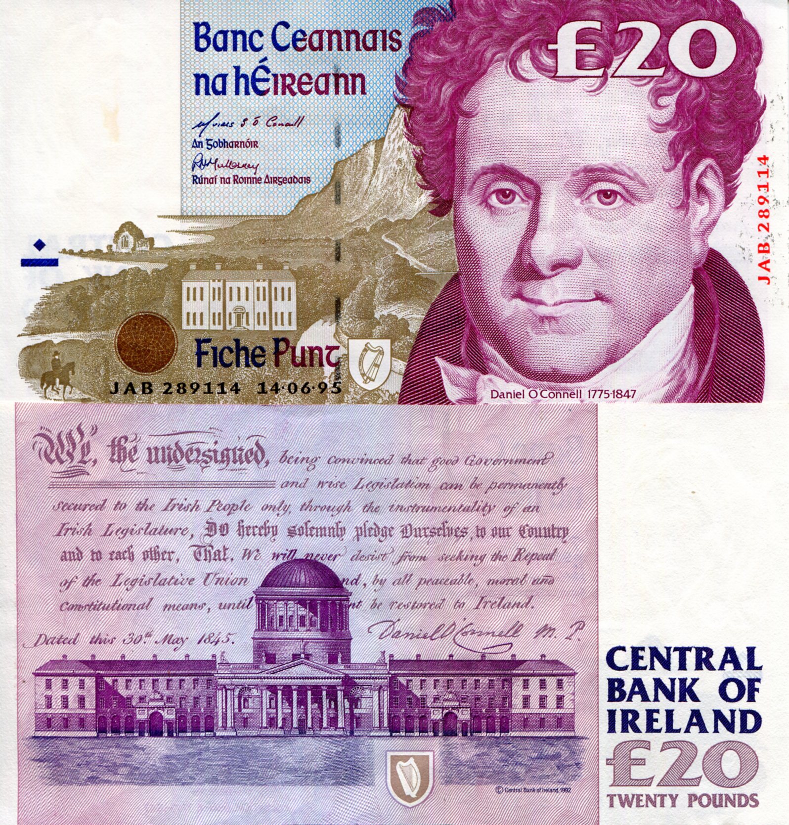 Ireland (Eire) 20 Pounds (Punt) aUNC/XF (see large scan) pick #: 77b