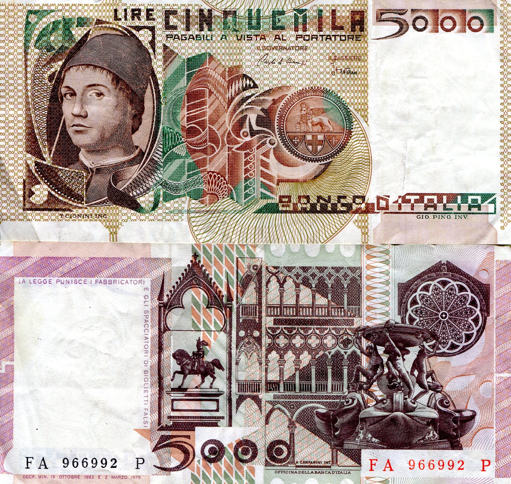 Italy  5,000 Lire F pick #: 105c