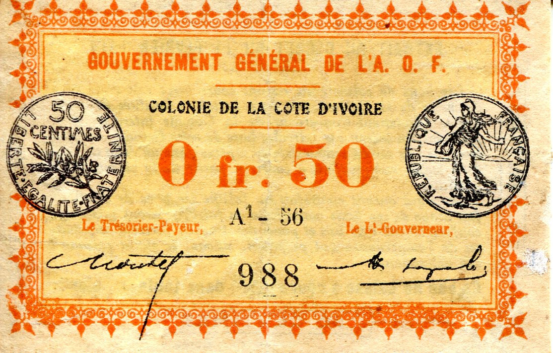 Ivory Coast .50 Centimes F (Peeling on back, but in good shape) pick #: 1a