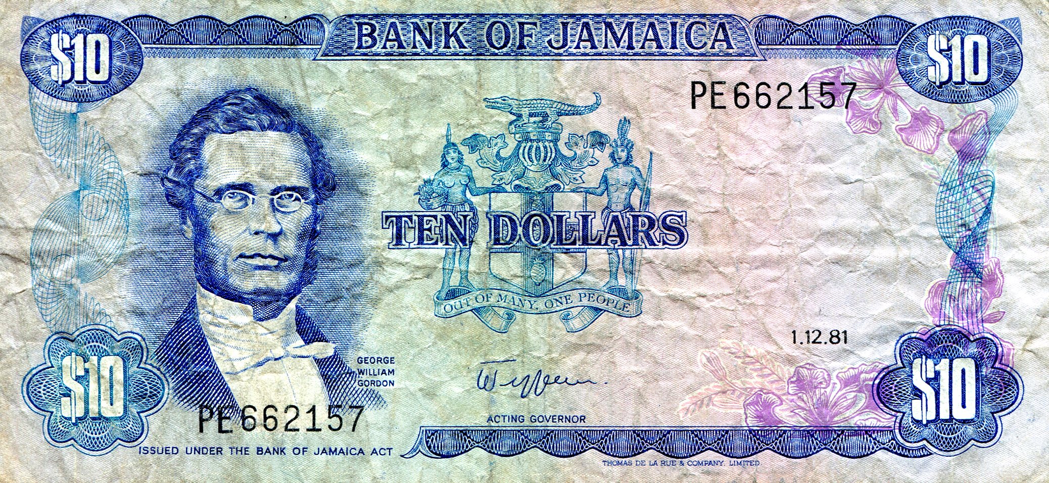 Jamaica 10 Dollar F (see large scan) pick #: 67c