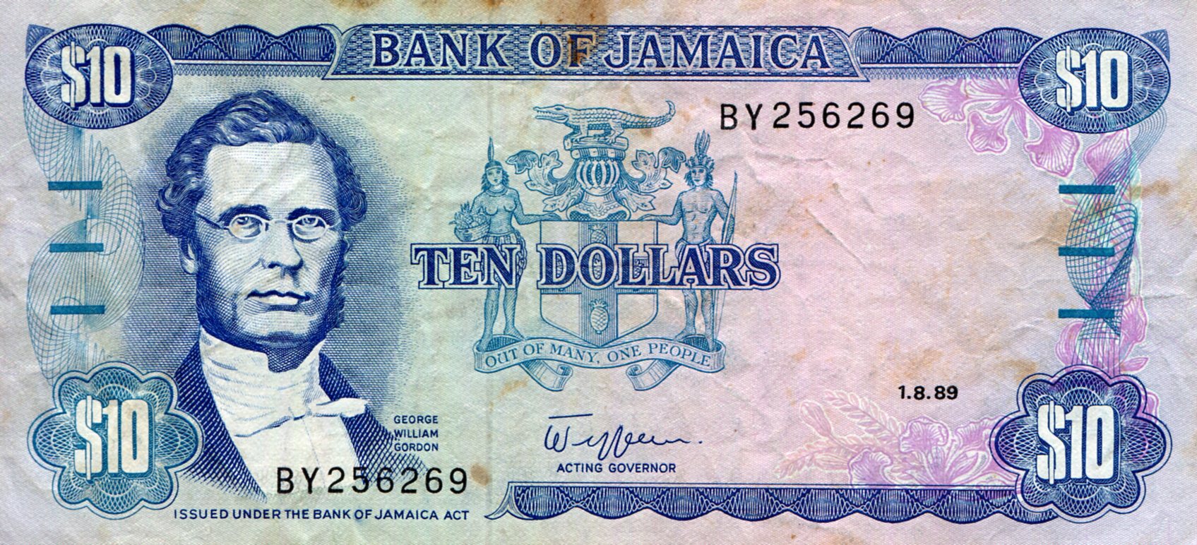 Jamaica 10 Dollar VG (See large scan) pick #: 71d