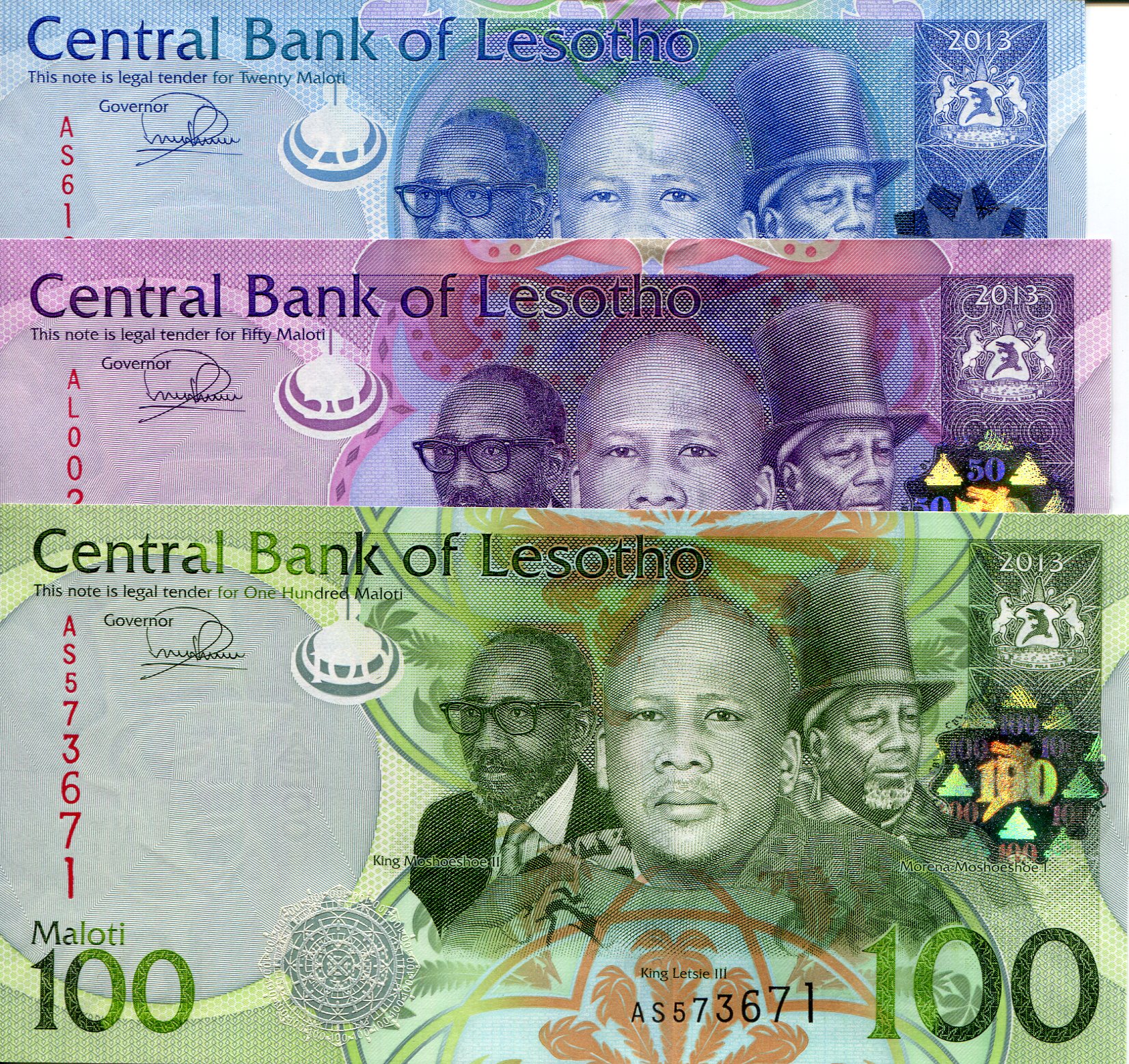 Lesotho 20 100 Maloti UNC  pick #: 22b, 23b, 24b