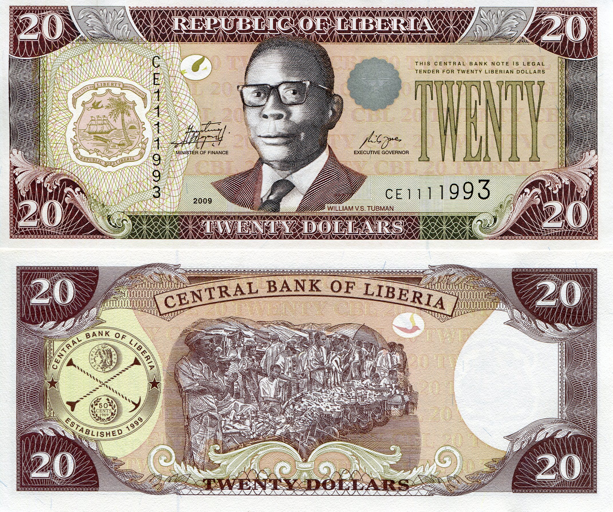 Liberia 20 Dollars UNC pick #: 28e