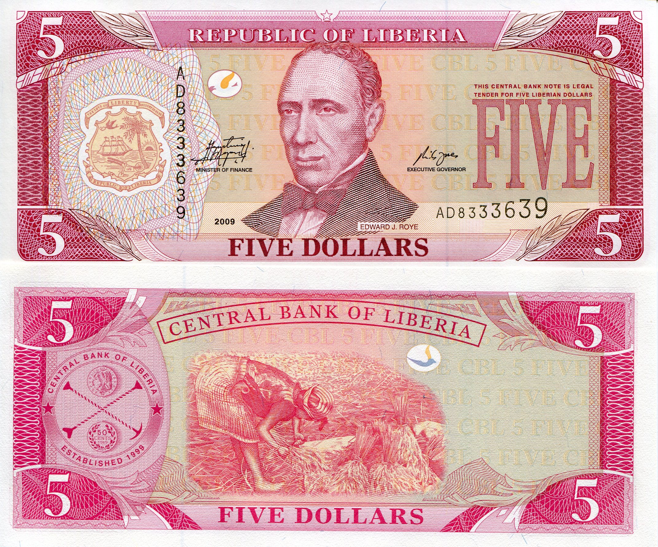 Liberia 5 Dollars UNC pick #: 26e