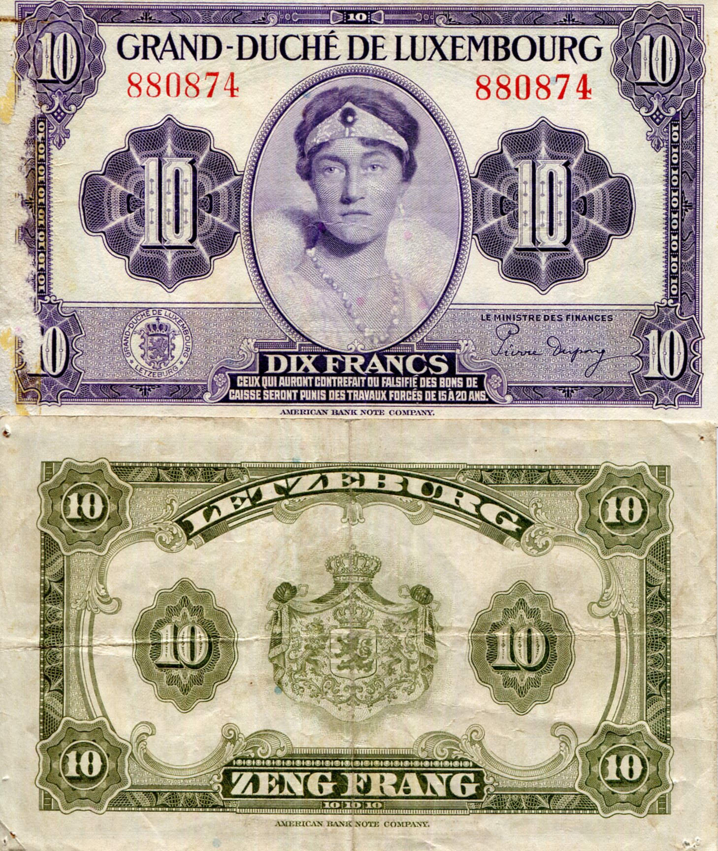 Luxembourg 10 Francs VG/G (See large scan) pick #: 44a