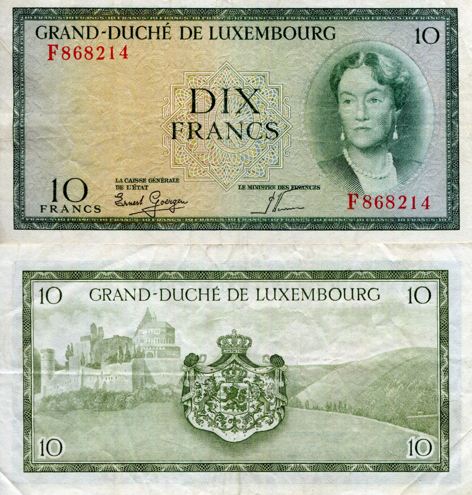 Luxembourg 10 Francs XF/VF+ (see large scan) pick #: 48b