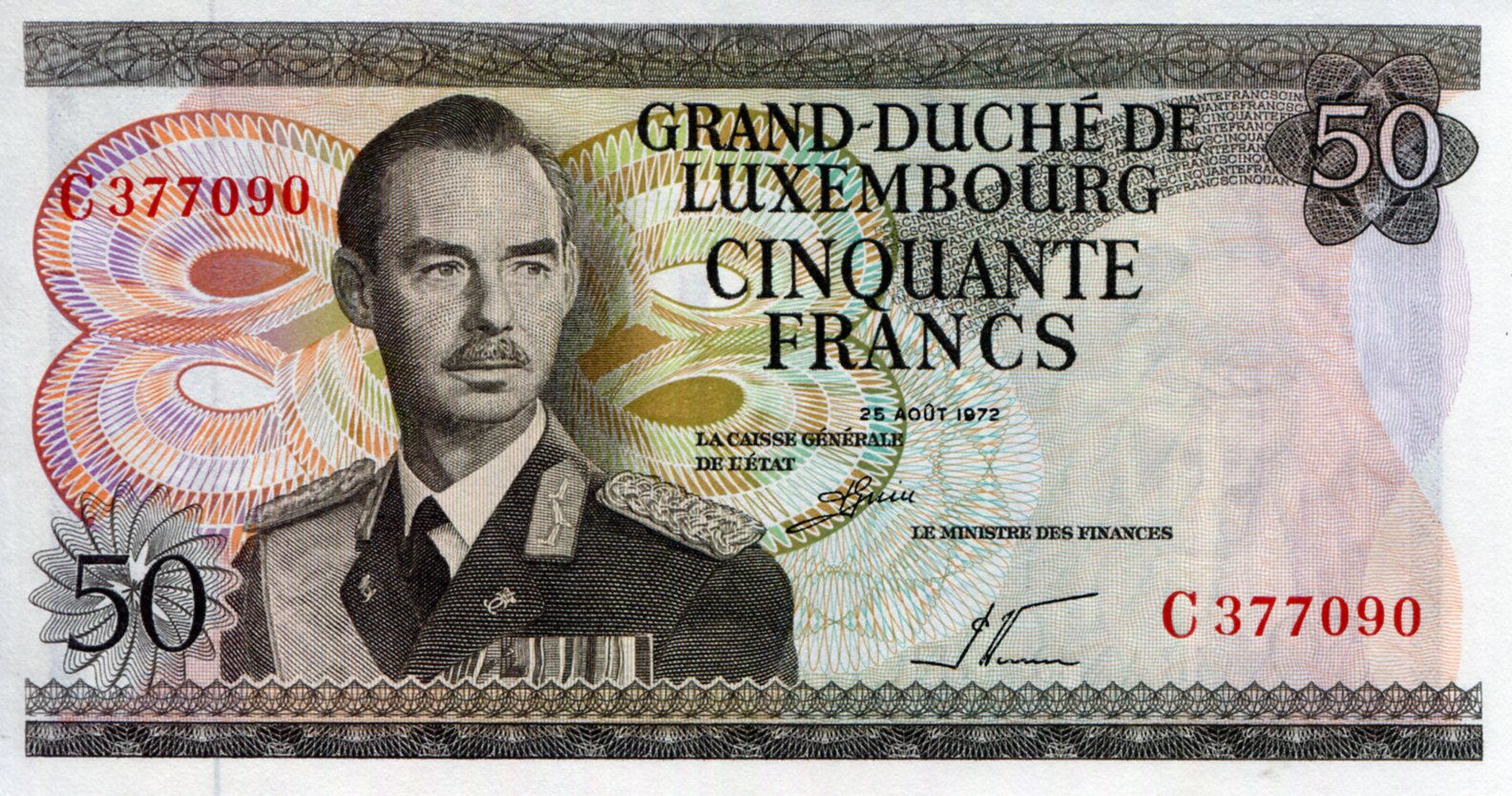 Luxembourg 50 Francs aUNC/XF (see large scan) pick #: 55a