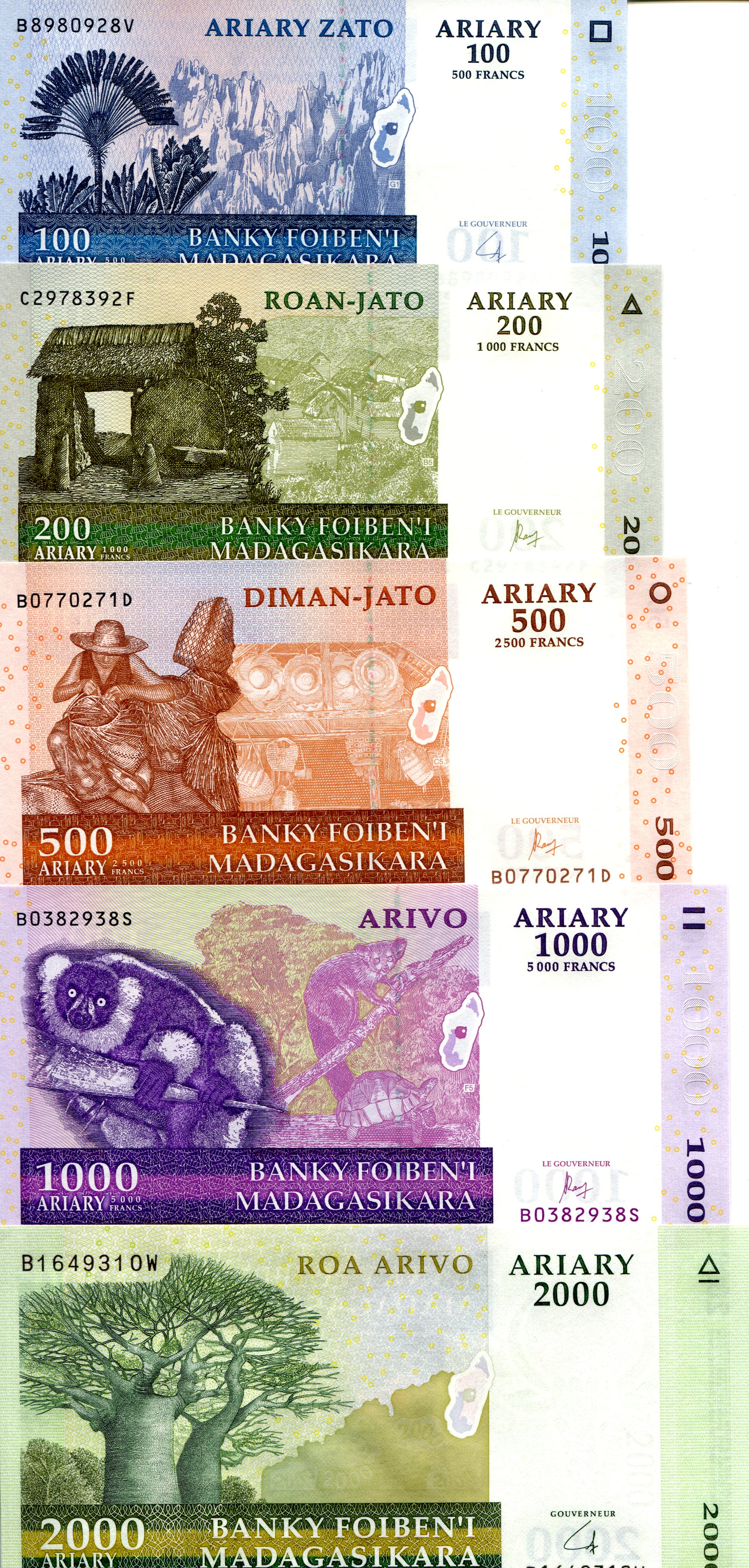 Madagascar 100 - 2,000 Ariary UNC pick #: set: 86b, 87c, 88d, 89c, 90