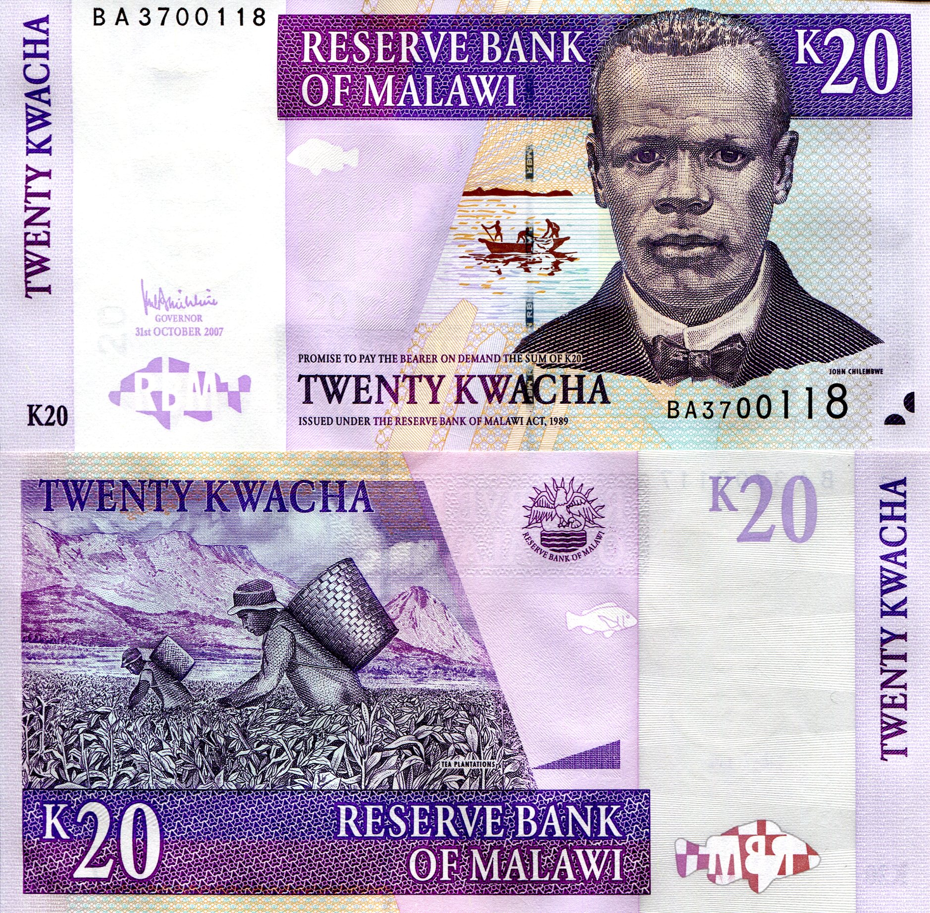 Malawi 20 Kwacha UNC pick #: 52d