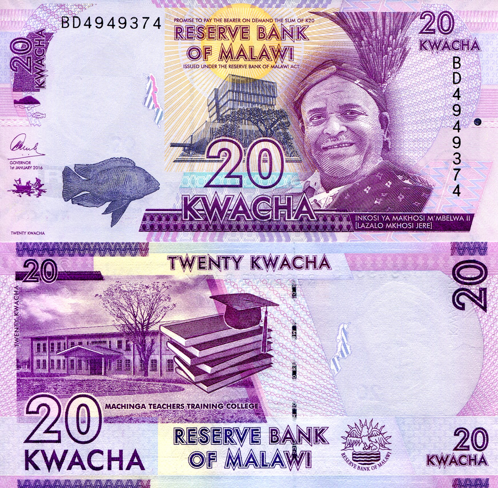 Malawi 20 Kwacha aUNC pick #: 63c