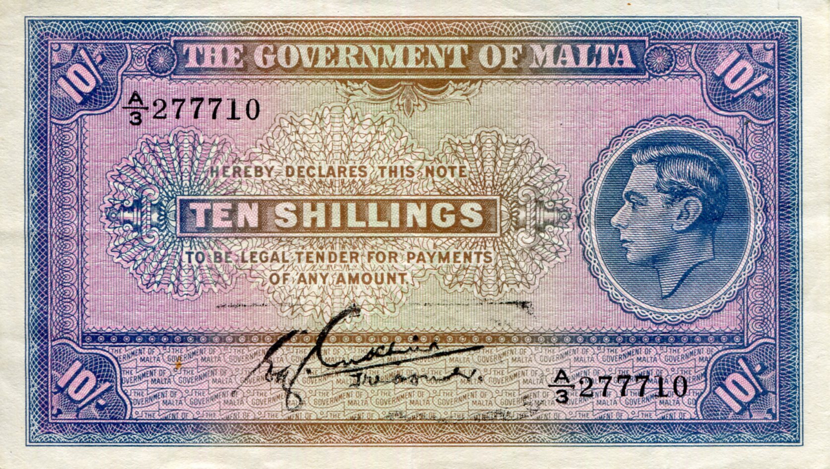 Malta 10 Shillings VF (see large scan) pick #: 19a