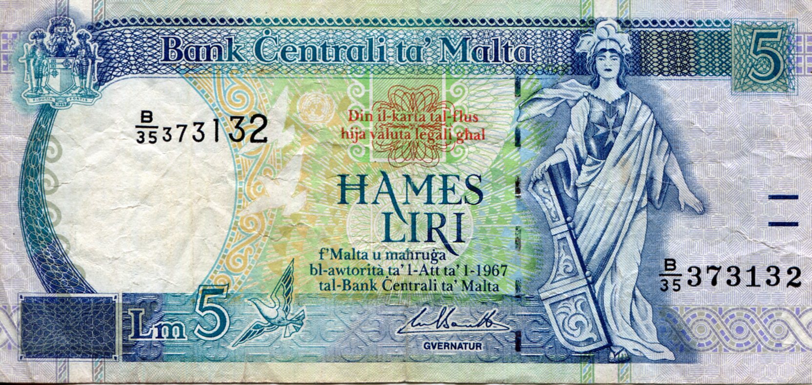 Malta 5 Liri F (See large scan) pick #: 46d