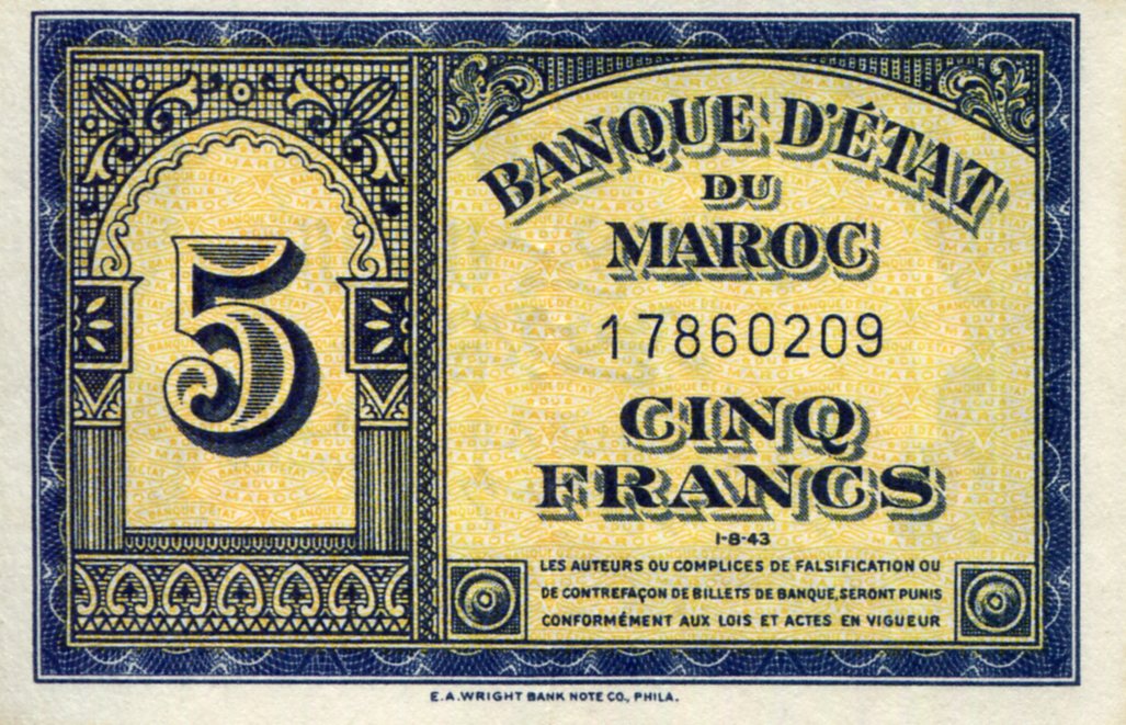 Morocco 5 Francs VF (see large scan) pick #: 24a