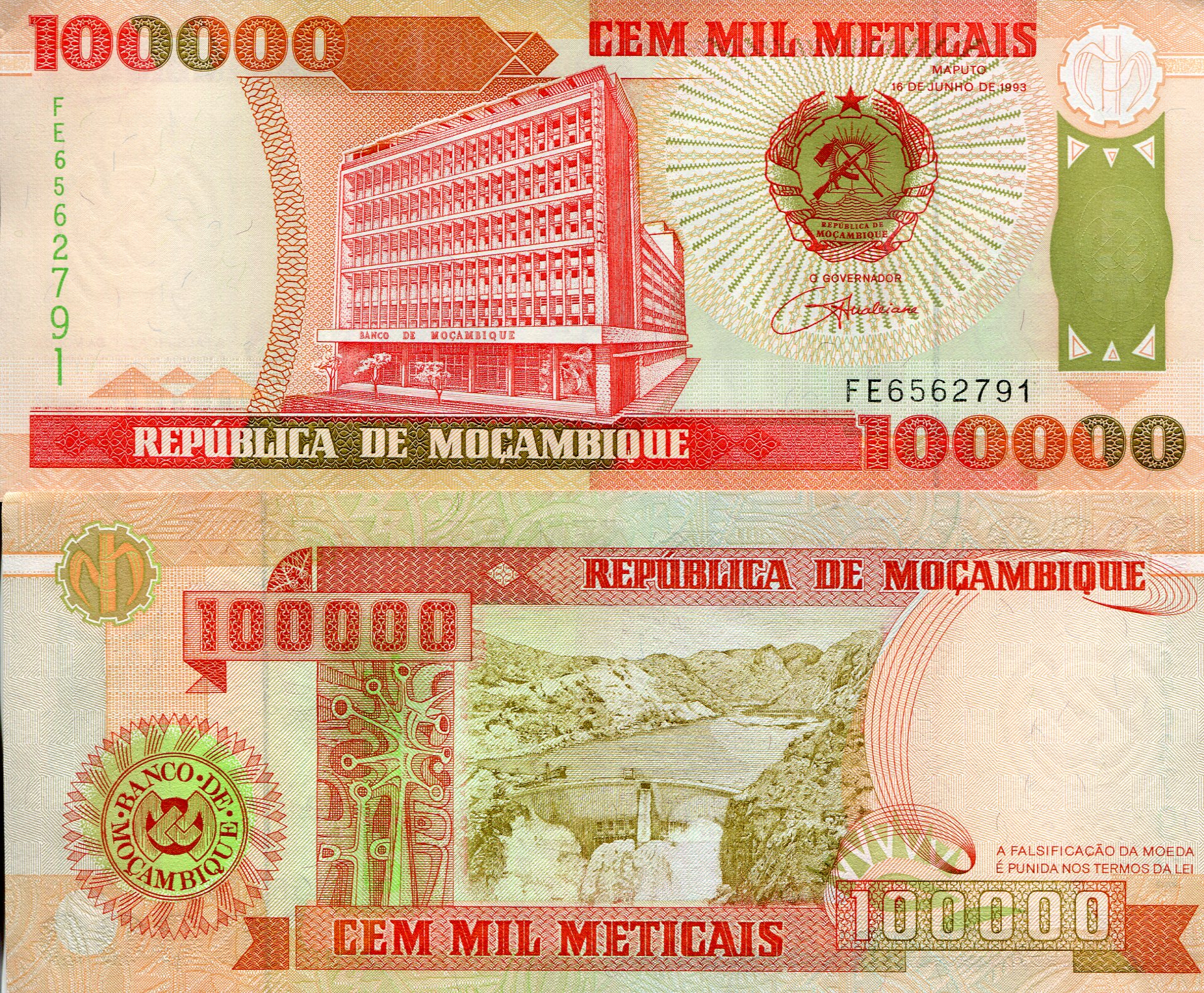 Mozambique 100,000 Meticais aUNC (minor corner issue - noticeable) pick #: 139