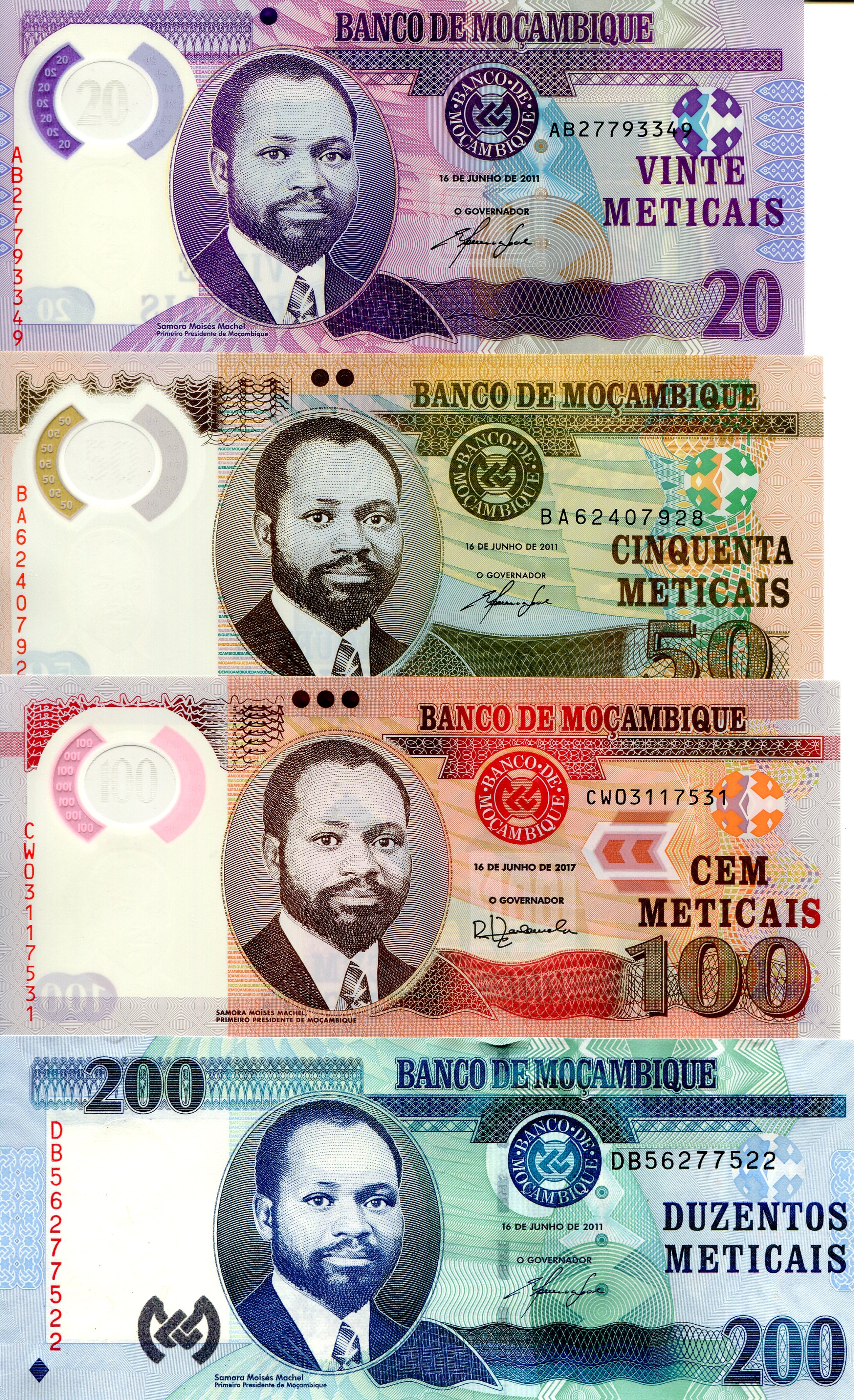 Mozambique 20-200 Meticais UNC pick #: 149, 150, 151b, 152a