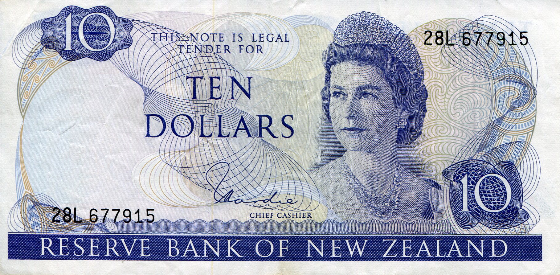 New Zealand 10 Dollars VF (see large scan) pick #: 166e