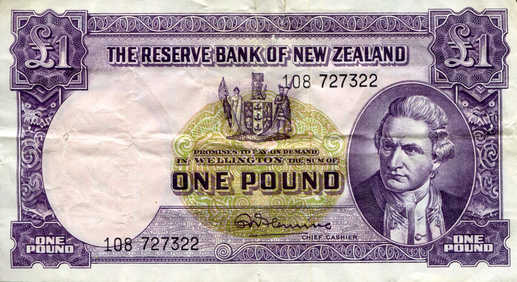 New Zealand 1 Pound VG (see large scan) Top tear into note pick #: 159o
