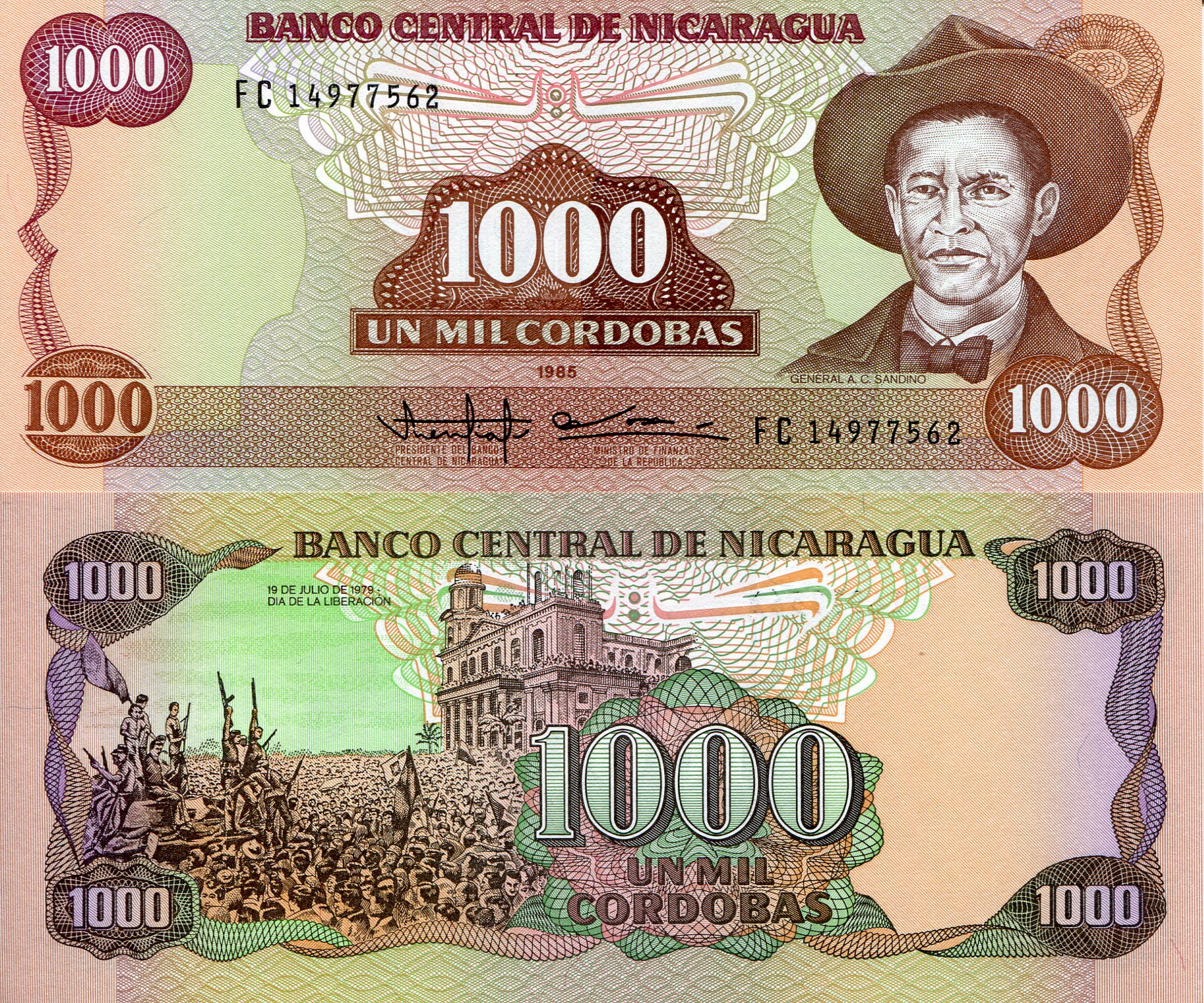 Nicaragua  1,000 Cordobas UNC pick #: 156b