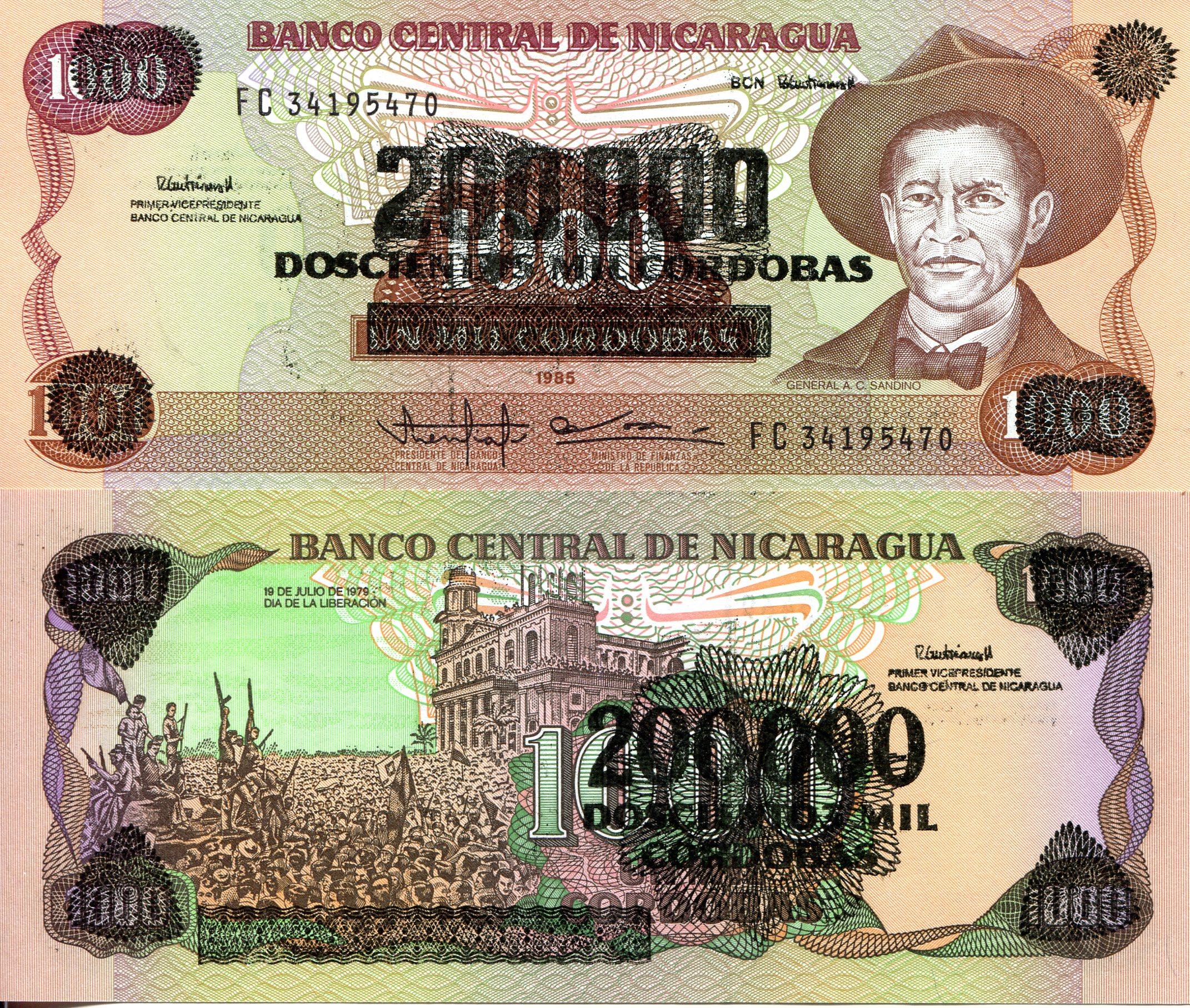 Nicaragua  200,000 OP on 1,000 Cordobas aUNC (small RH edge issue - small but noticeable) pick #: 162