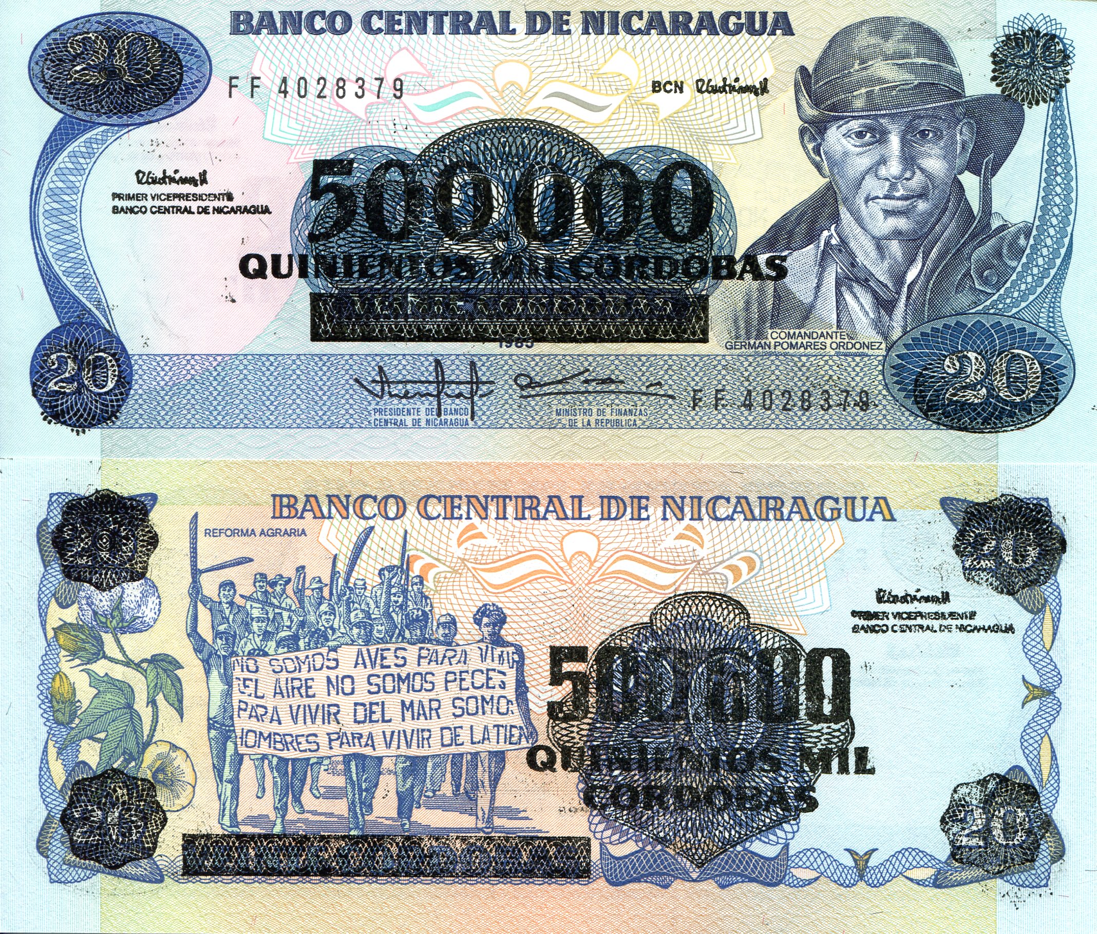 Nicaragua  20 (500,000) Cordobas aUNC (some ink marks from O/P) pick #: 163