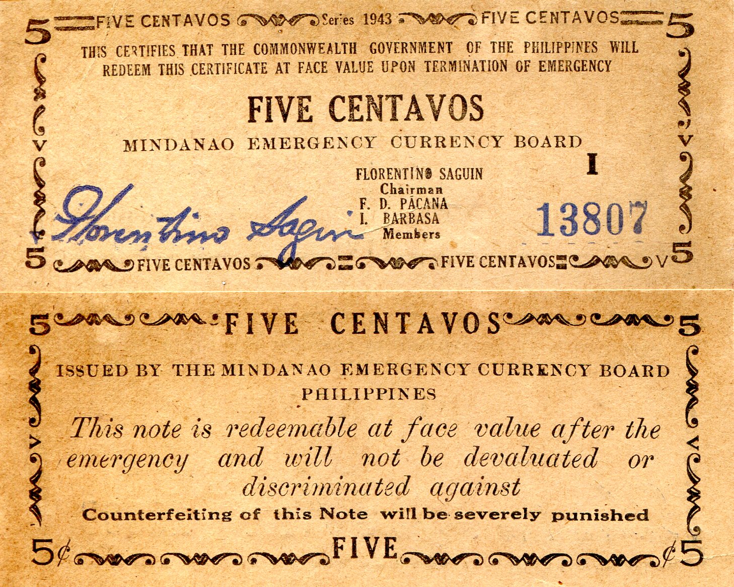 Philippines (Emergency Issue) 5  Centavos aUNC (see scan) pick #: S481b