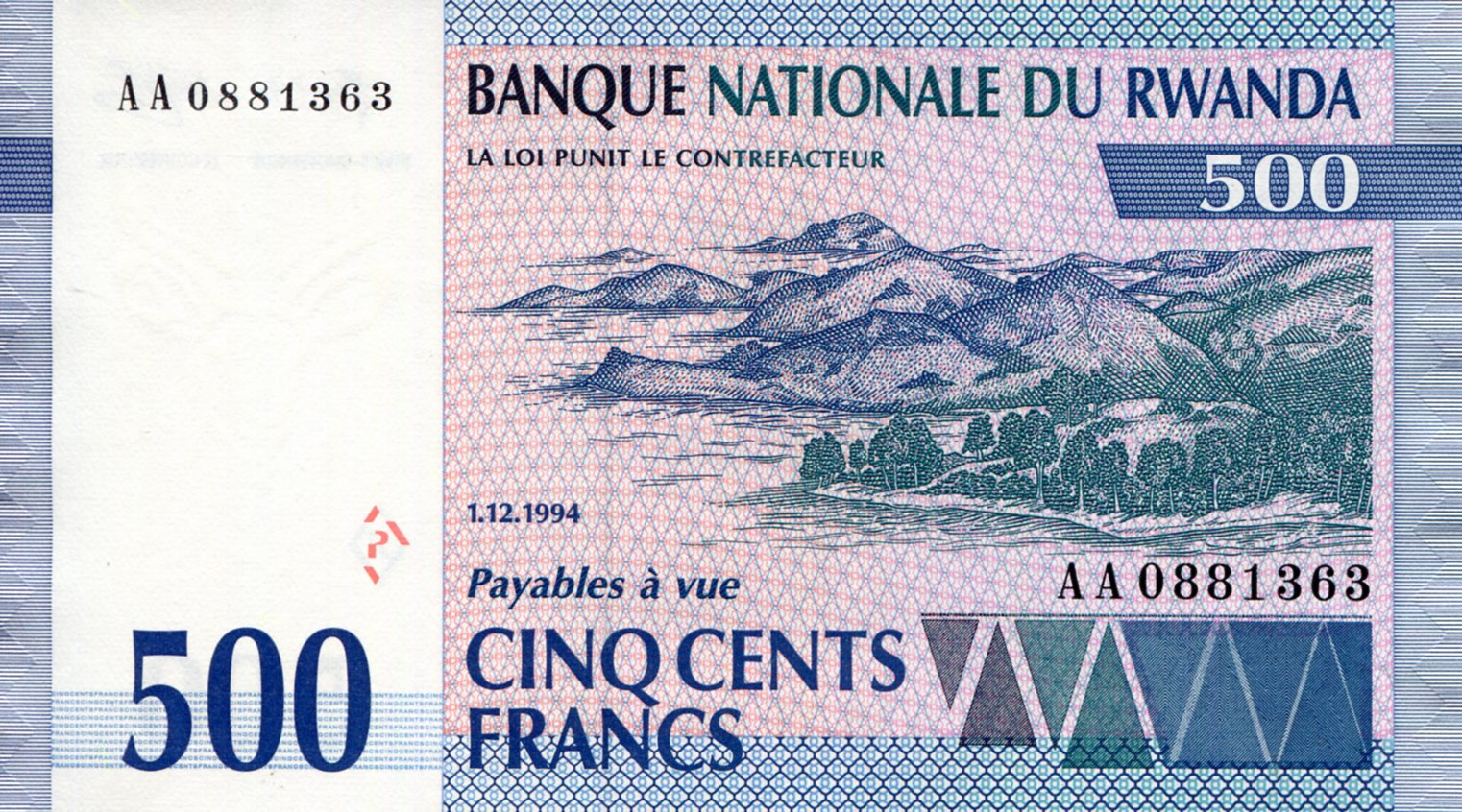 Rwanda 500 Francs UNC pick #: 23a