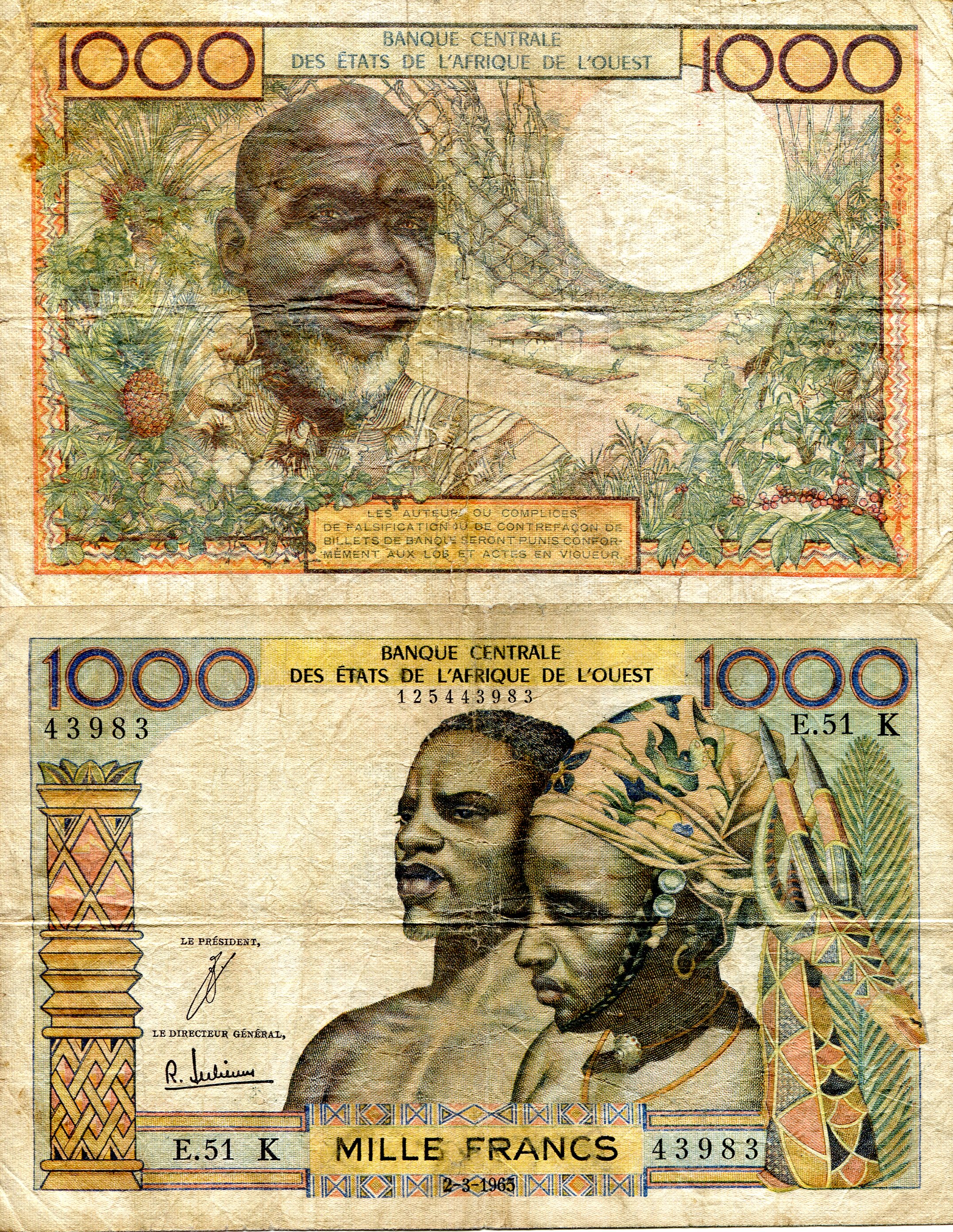 Senegal 1,000 Francs VG (see large scan) pick #: 703-Ke