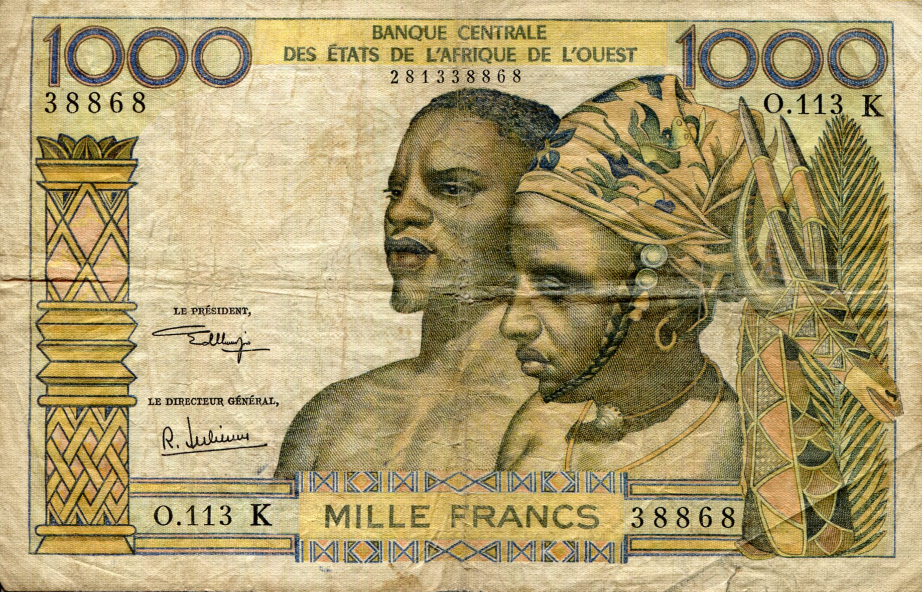 Senegal 1,000 Francs VG (see large scan) pick #: 703Kj