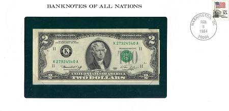 USA - Current Issues 2 Dollars Pick Number: NP-1 UNC (looks UNC) envelope has wear Banknote