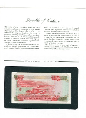 Malawi 5 Kwacha UNC (looks UNC) envelope has wear pick #: NP-1