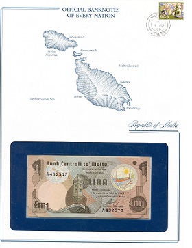 Malta 1 Lira Pick Number: NP-1 UNC (looks UNC) envelope has wear Banknote
