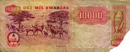 Angola 10,000 Kwanzas Poor (See scan - missing edge) pick #: 131a