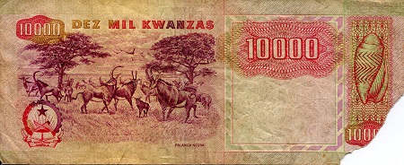Angola 10,000 Kwanzas G/Poor (Torn) pick #: 131a