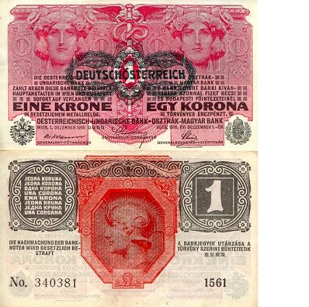 Austria 1 Krone Pick Number: 49 aUNC/XF (see large scan) Banknote
