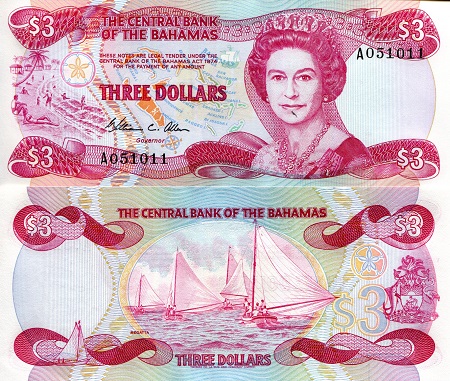 Bahamas 3 Dollars Pick Number: 44a UNC Banknote