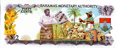 Bahamas  50 Cents aUNC+ (tiny TLH corner issue) pick #: 26