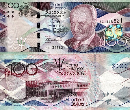 Barbados 100 Dollars Pick Number: 78b F/VG (folds in note) Banknote