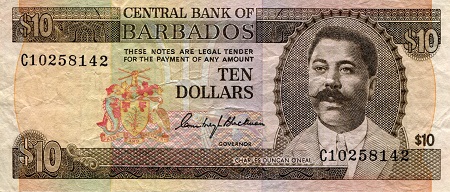 Barbados 10 Dollars Pick Number: 33a VF (See large scan) Banknote